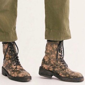 Free People Combat Boots Black Floral Santa Fe Moto Boho Distressed  NWOT